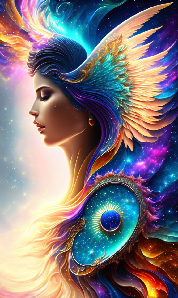 Celestial woman with vibrant peacock-like wings and cosmic background