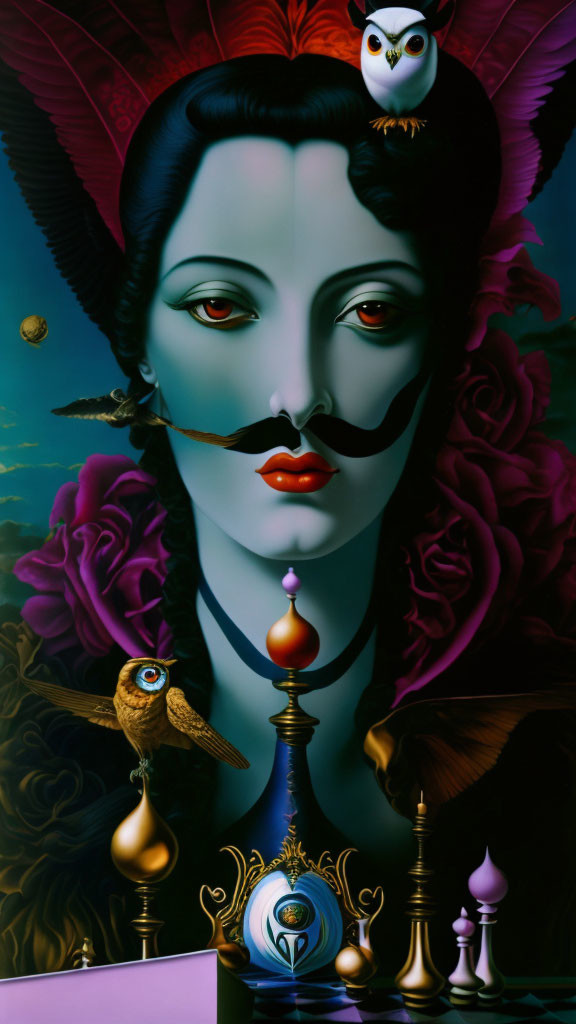 Masked woman with owl, roses, hummingbird, spinning top, chess pieces surreal art.