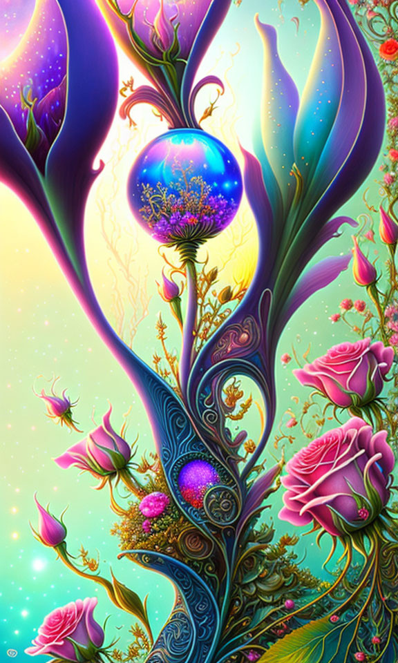 Fantasy Plant Structure with Glowing Orbs and Blooming Roses