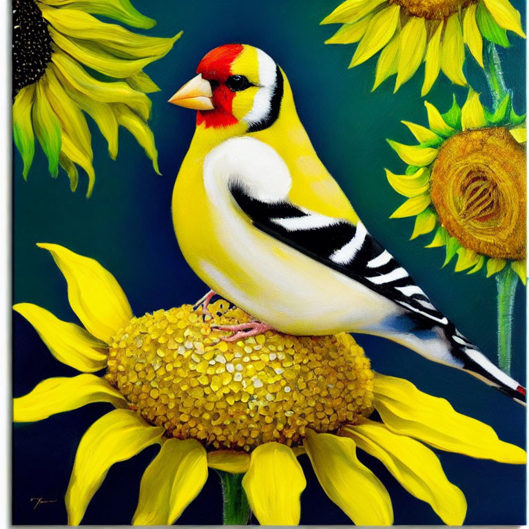 Colorful Bird on Sunflower with Dark Background