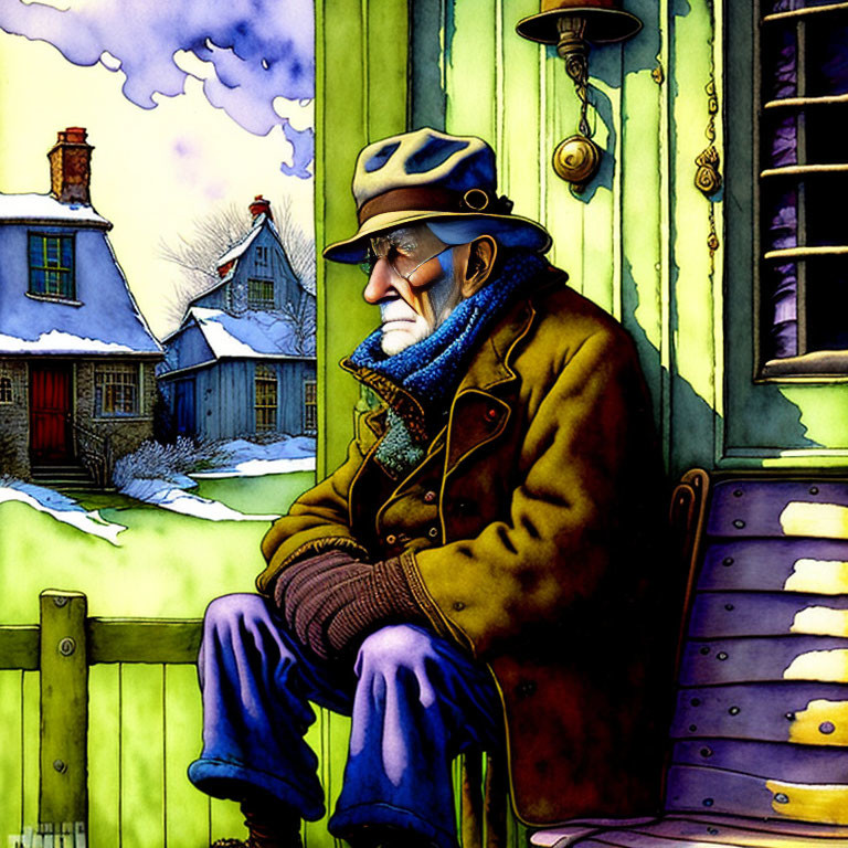 Elderly man with beard sitting on bench in wintry rural setting