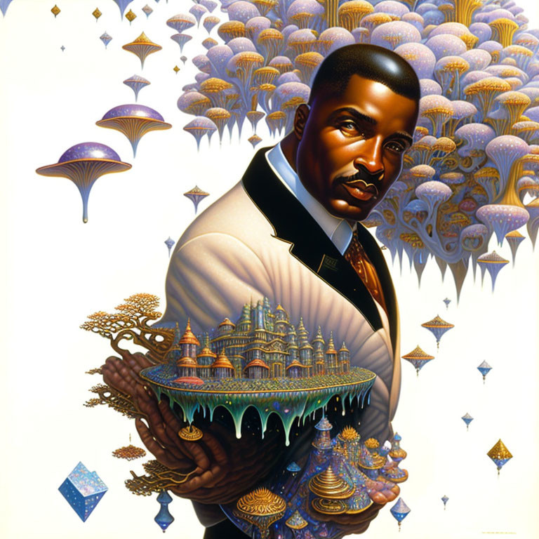 Man holding fantastical landscape with castles and mushrooms in stylized portrait