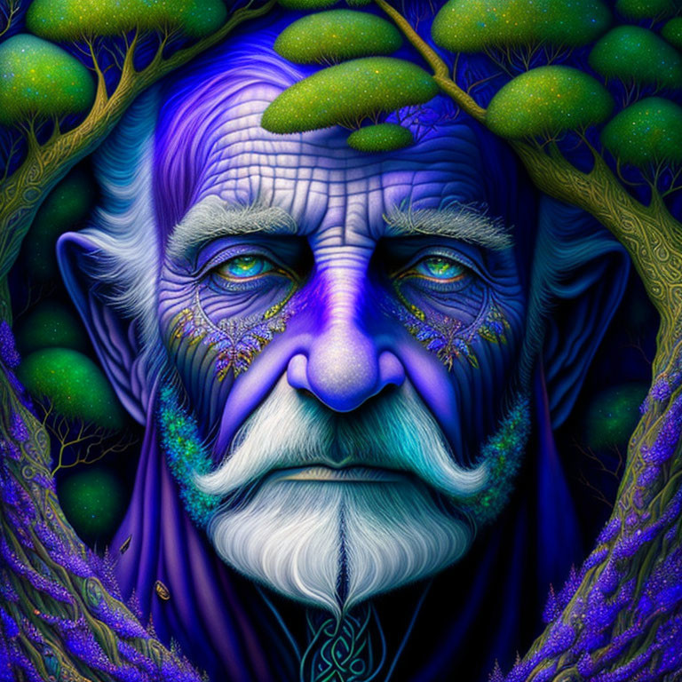 Elderly man's face in mystical forest scene