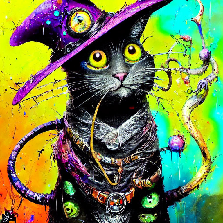 Colorful Whimsical Black Cat Painting with Decorated Hat and Necklace