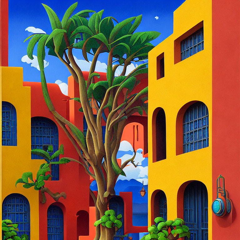 Colorful animated scene with green tree, red-orange buildings, blue sky, fluffy clouds, and cres
