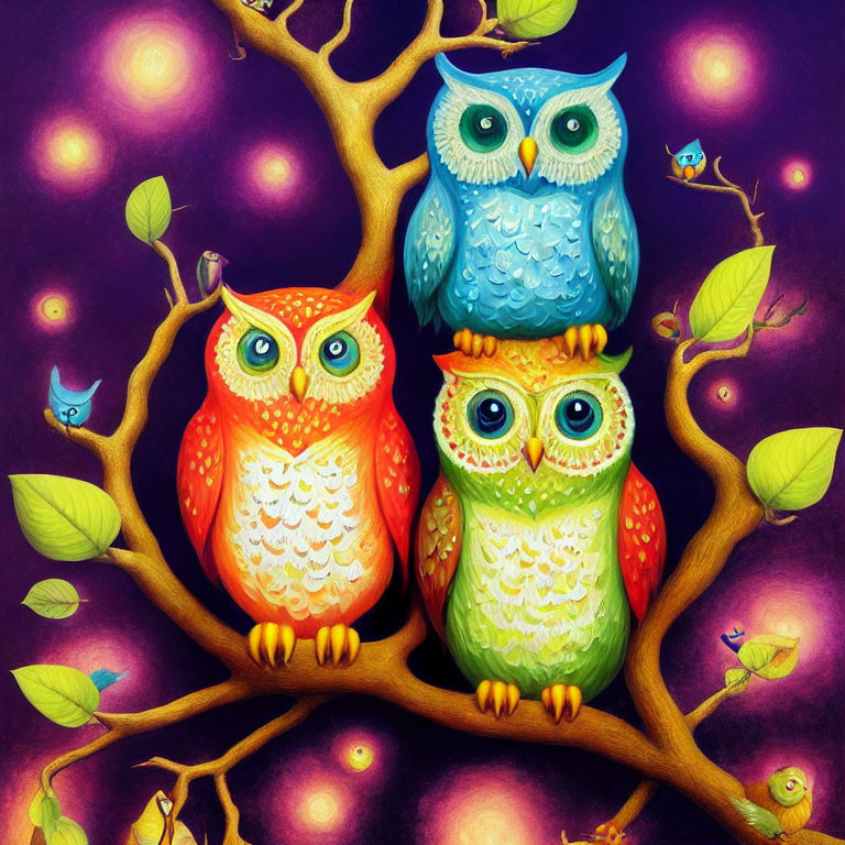 Colorful Owl Illustration on Whimsical Tree with Purple Background