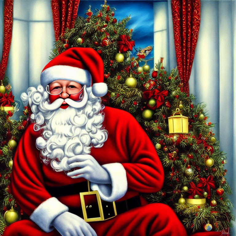 Santa Claus in red suit with white beard and glasses in front of Christmas tree and red curtains.