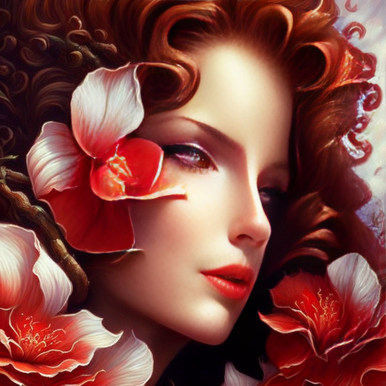 Digital artwork: Woman with green eyes, red hair, white & pink flower, red & white blooms