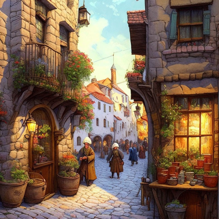 Detailed Medieval Street Scene with Townsfolk and Stone Buildings