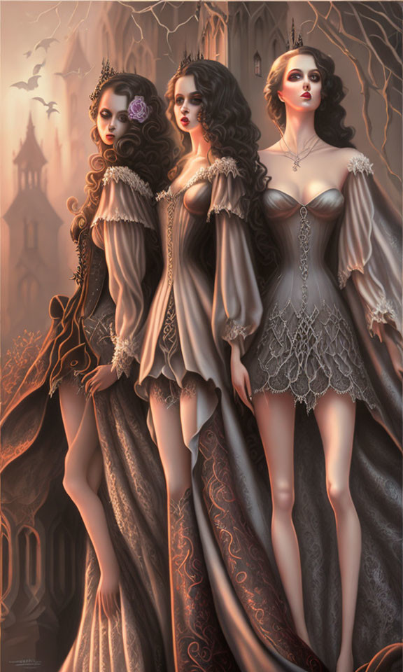 Three elegant women in gothic attire against dark castle background