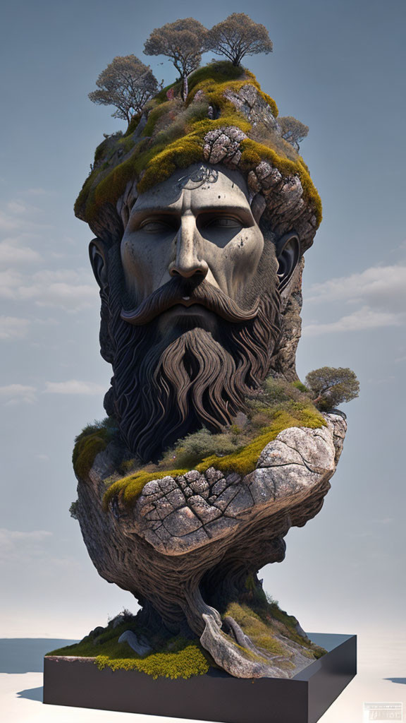 Surreal sculpture featuring a bearded man's head with landscape elements merged into hair