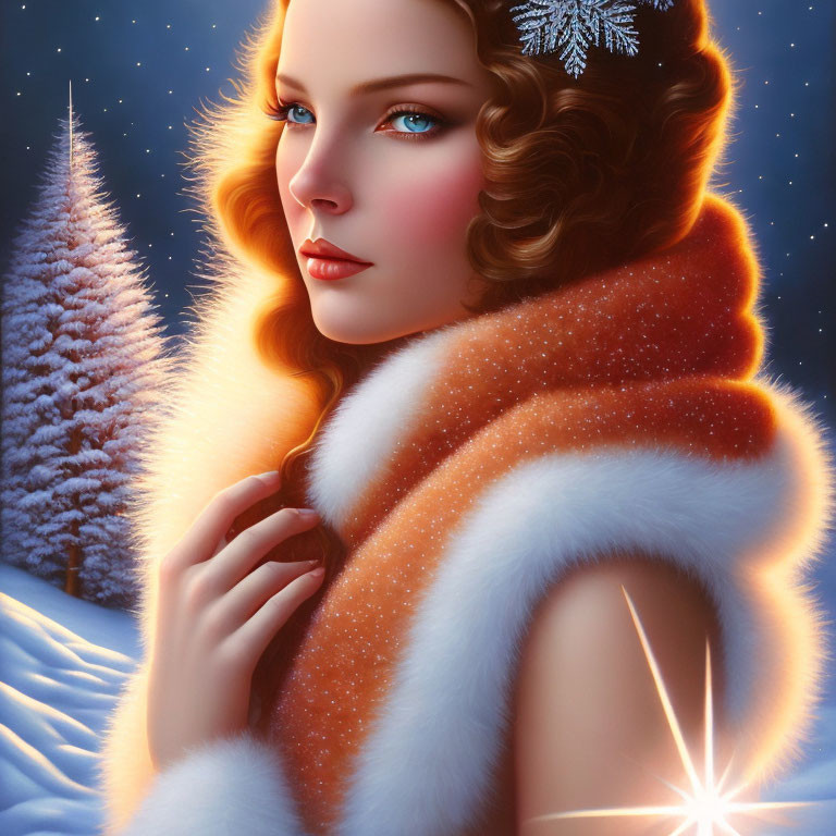 Digital artwork of woman with blue eyes in white fur coat against snowy twilight backdrop.