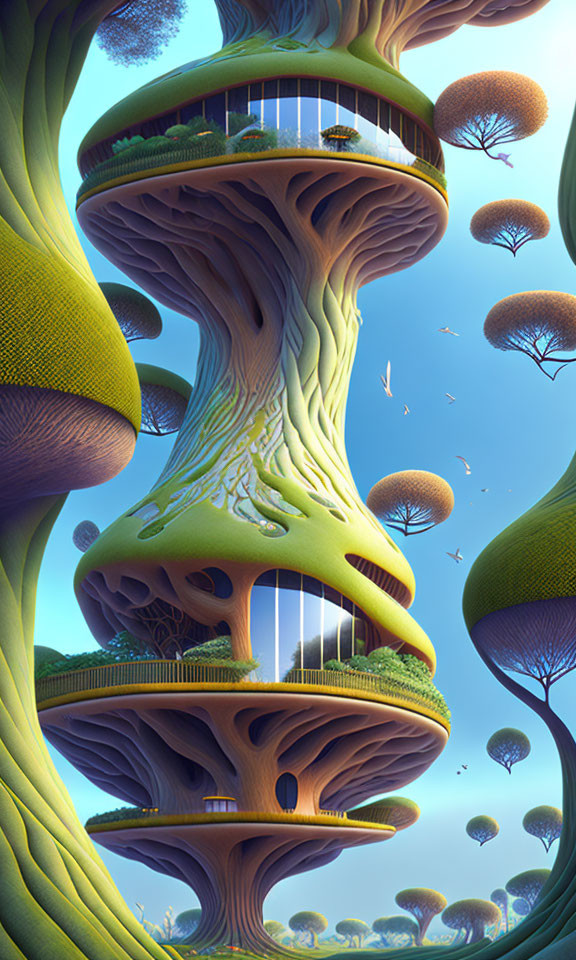 Fantasy landscape with towering, twisted tree-like structures and floating islands