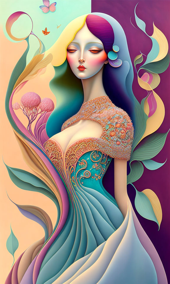 Colorful Woman with Flowing Hair and Nature-Inspired Dress Illustration