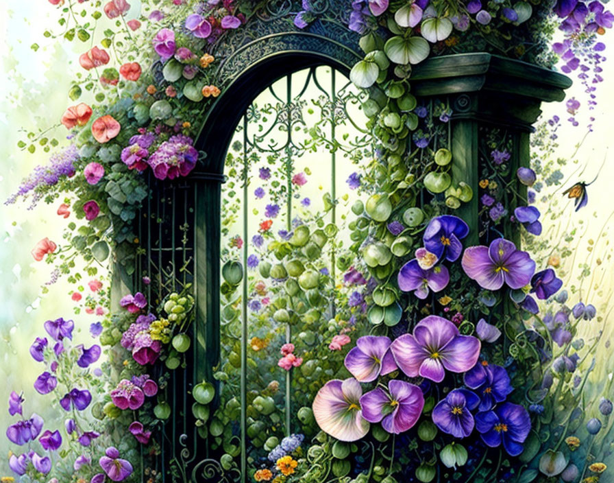 Ornate garden gate surrounded by vibrant flowers and a bumblebee