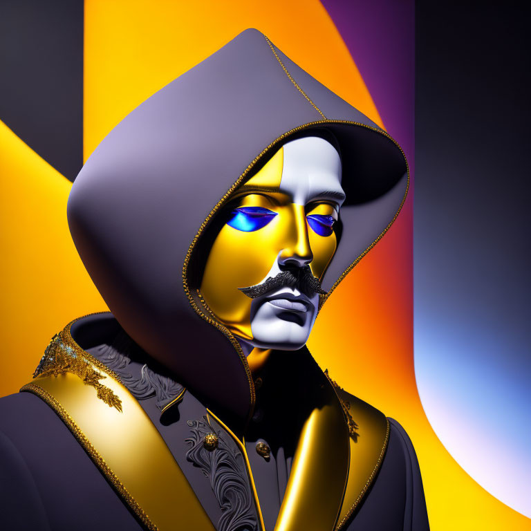 Vibrant digital portrait of stylized character with golden face and blue eyeshadow