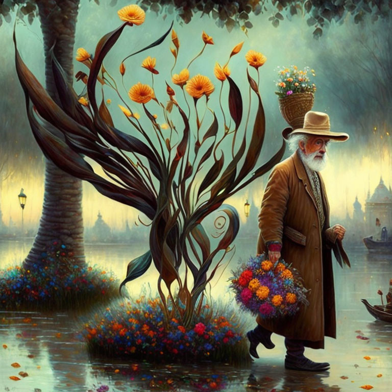 Elderly man with flowers near whimsical blooming tree in misty landscape