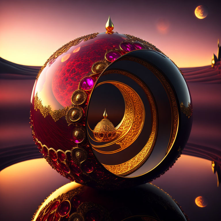 Ornate sphere with gold detailing and vibrant gems on smooth surface