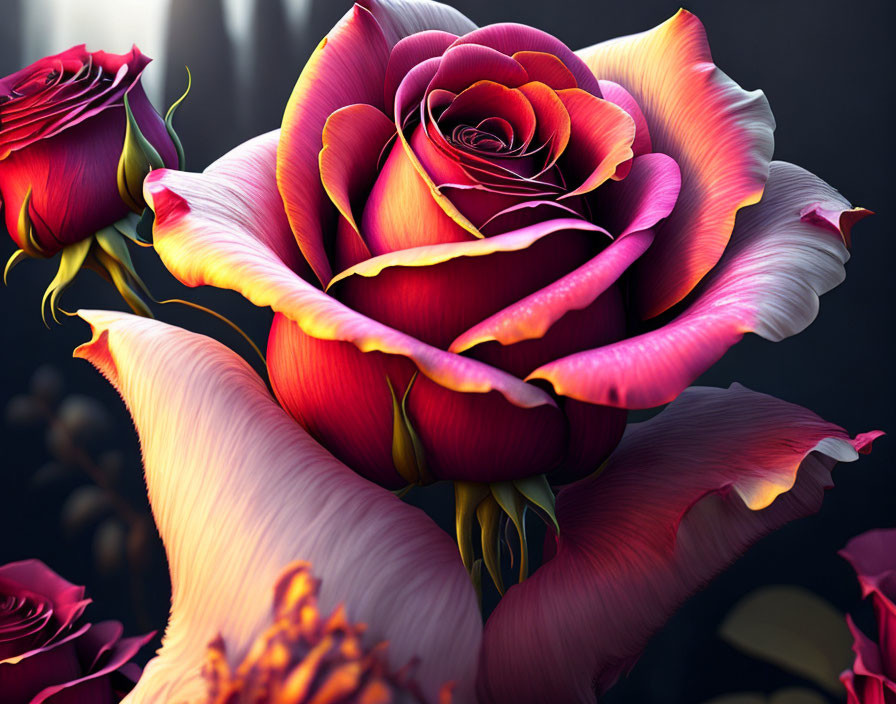 Colorful close-up of layered rose with red to pink gradient on dark background