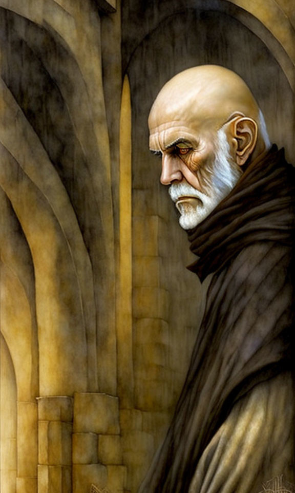 Elderly man illustration with stern expression and dark cloak