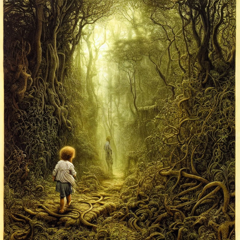 Child at forest path entrance with twisted roots and ethereal light