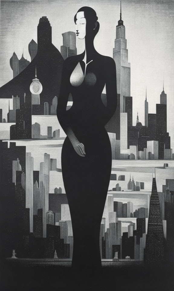 Monochrome stylized woman blending with cityscape in artistic rendition