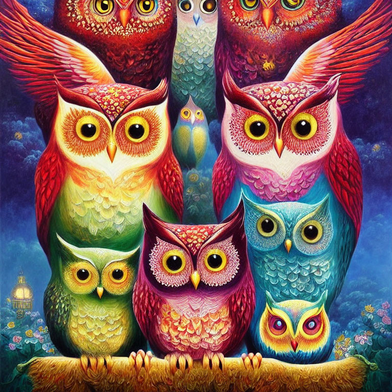 Whimsical owl painting with vibrant plumage and expressive eyes