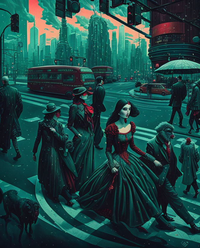 Artwork: Vintage-clad figures in futuristic cityscape with skyscrapers and red bus