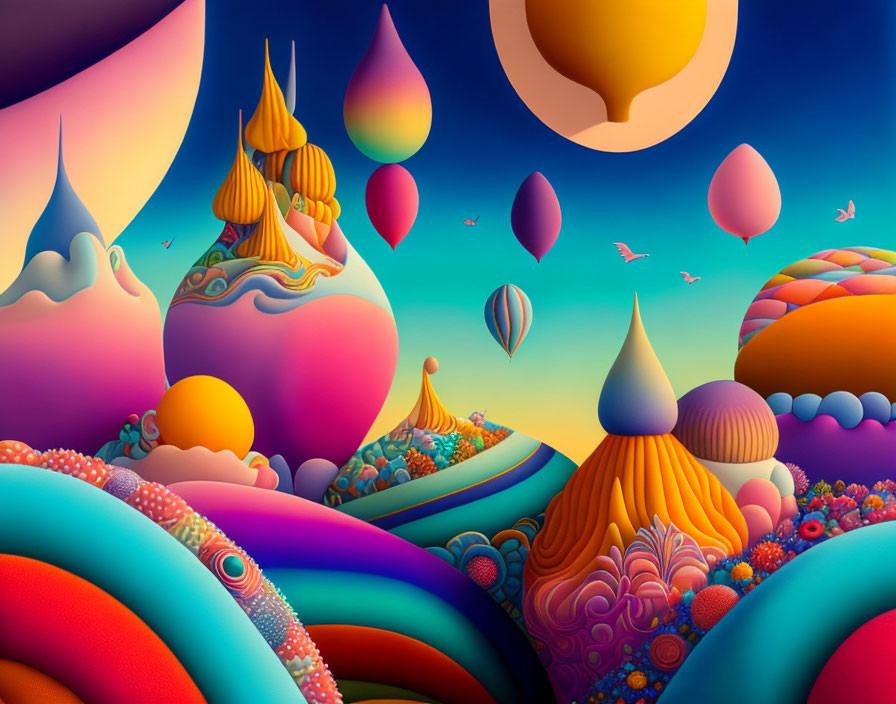 Colorful surreal landscape with hills, fantasy structures, and hot air balloons