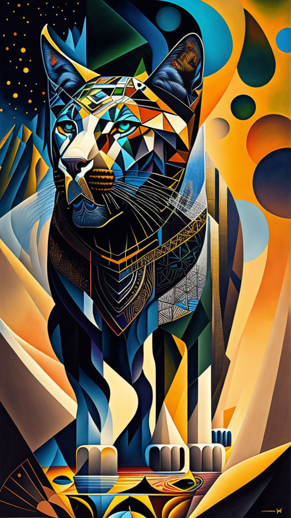 Vibrant geometric cat art with abstract patterns