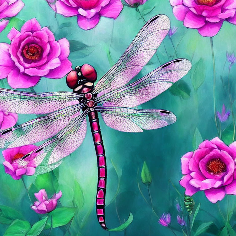 Detailed pink and black dragonfly on pink roses and green foliage