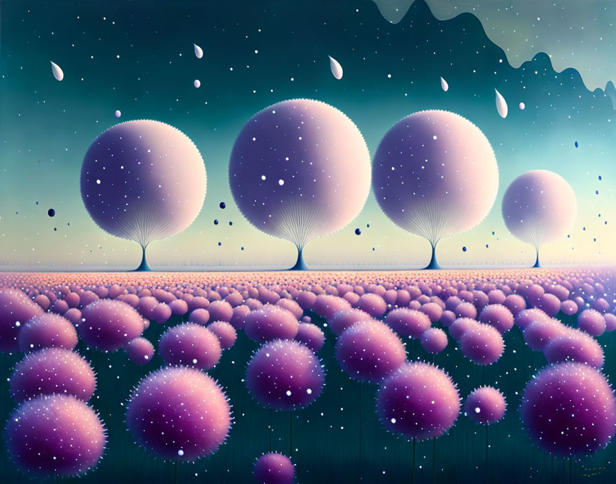 Surreal landscape with oversized purple balloon-like trees and twilight sky.