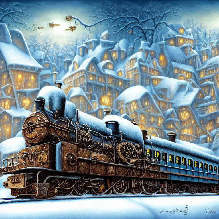 Steam train in snowy night with Santa's sleigh above