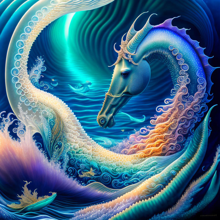 Sea Creature Resembling Seahorse with Elaborate Patterns and Glowing Horn