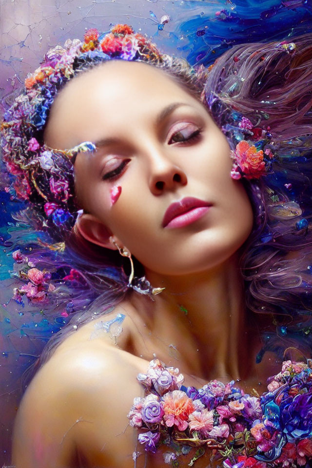 Woman with floral adornments and petal tear in colorful, artistic swirl.