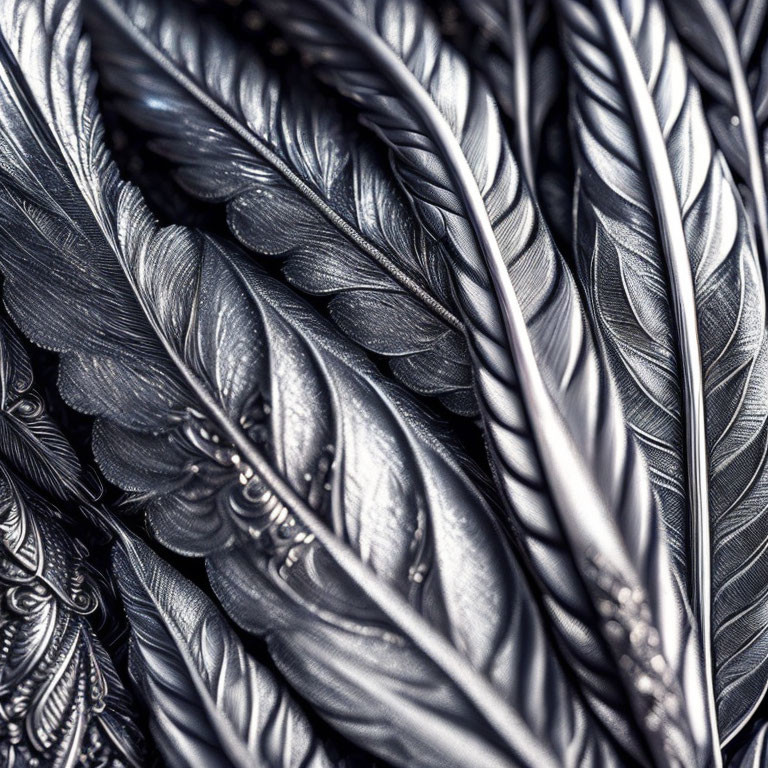 Detailed Metallic Feathers: Monochrome Color Scheme & Textured Patterns