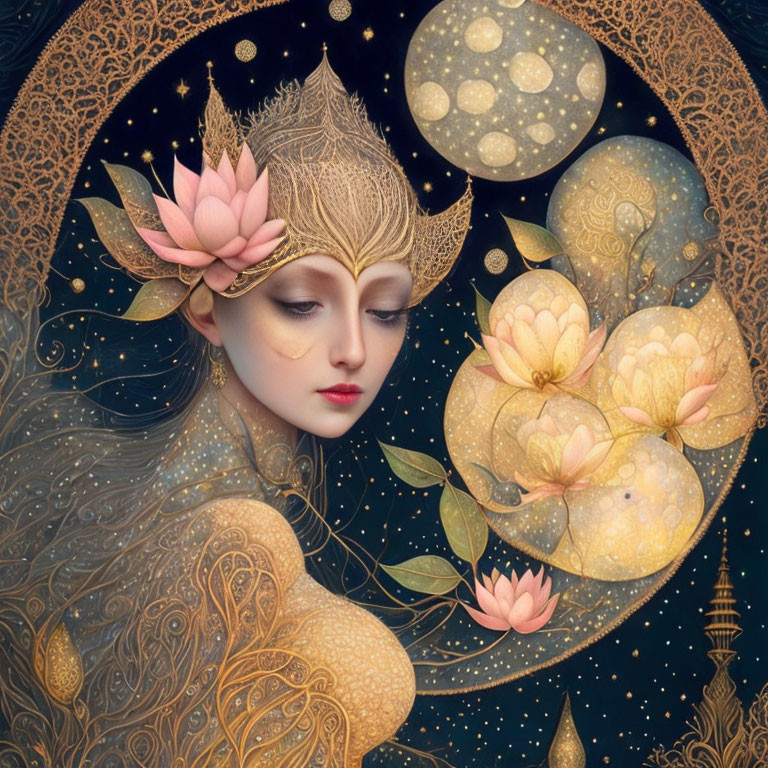 Ethereal woman with lotus crown in golden patterns against night sky