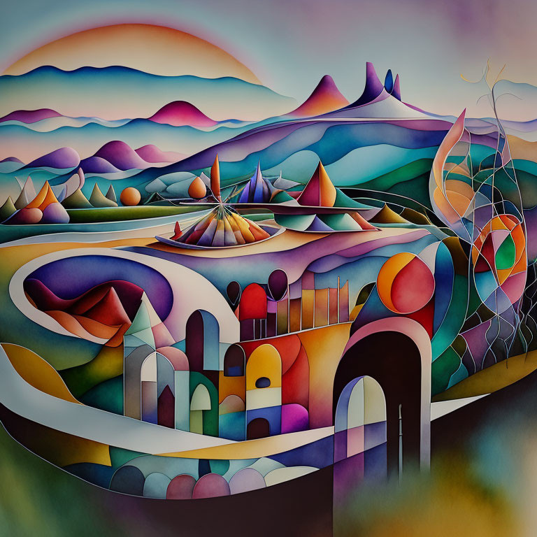 Vibrant abstract landscape painting with stylized hills and geometric structures