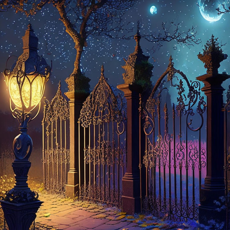 Warmly Lit Street Lamp Illuminates Wrought Iron Gate Under Starry Night Sky