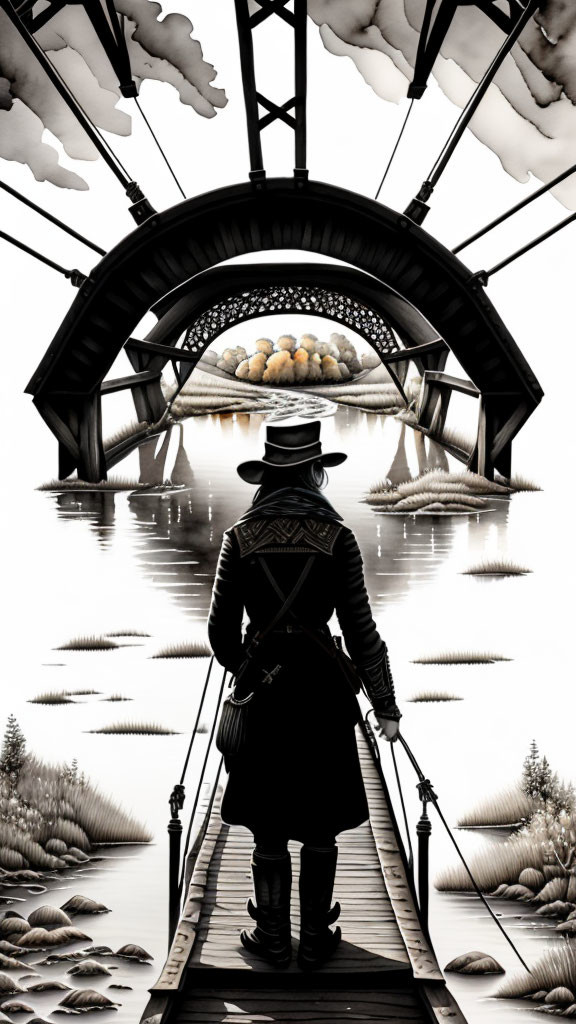 Silhouette of person in coat and hat on wooden bridge by tranquil water