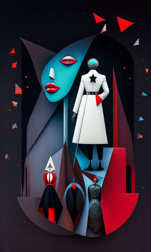 Abstract futuristic artwork featuring female figure in white outfit amidst cosmic backdrop.