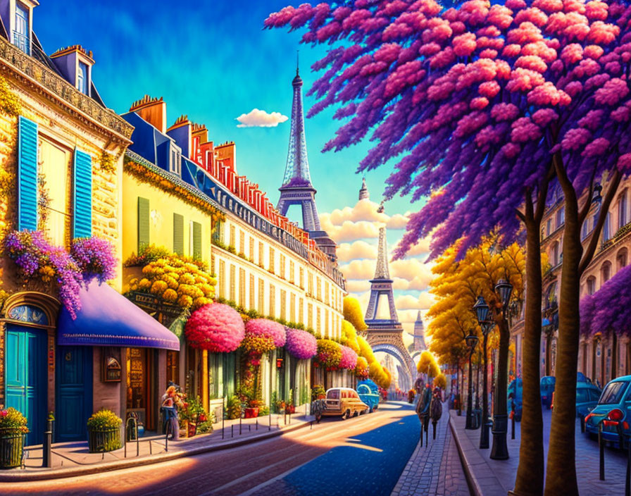 Colorful street scene with blooming trees, charming buildings, and Eiffel Tower.