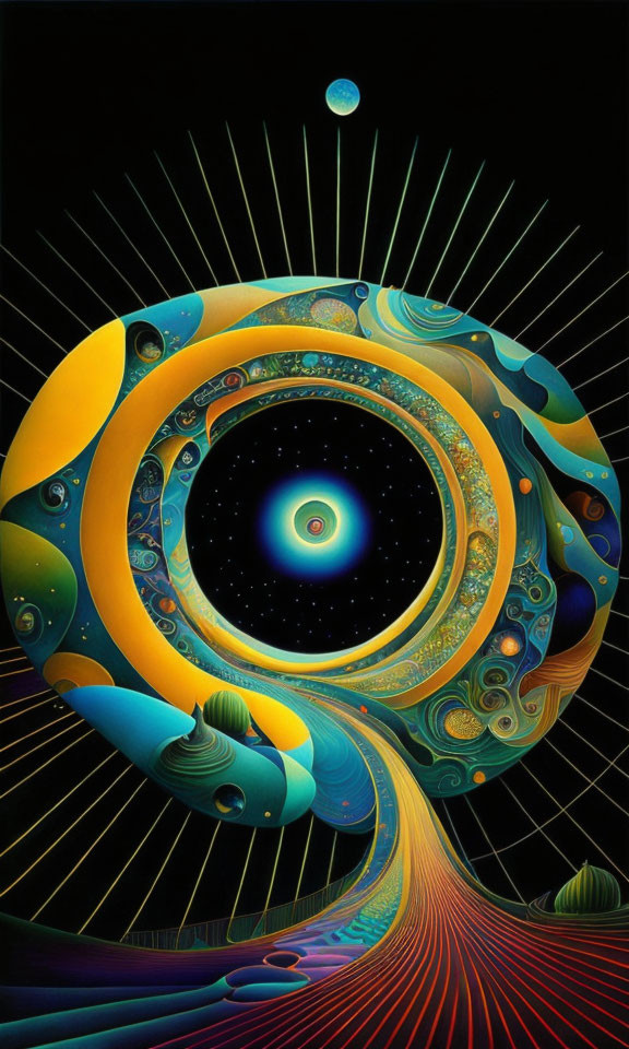 Colorful Psychedelic Artwork with Spiraling Tunnel and Central Eye