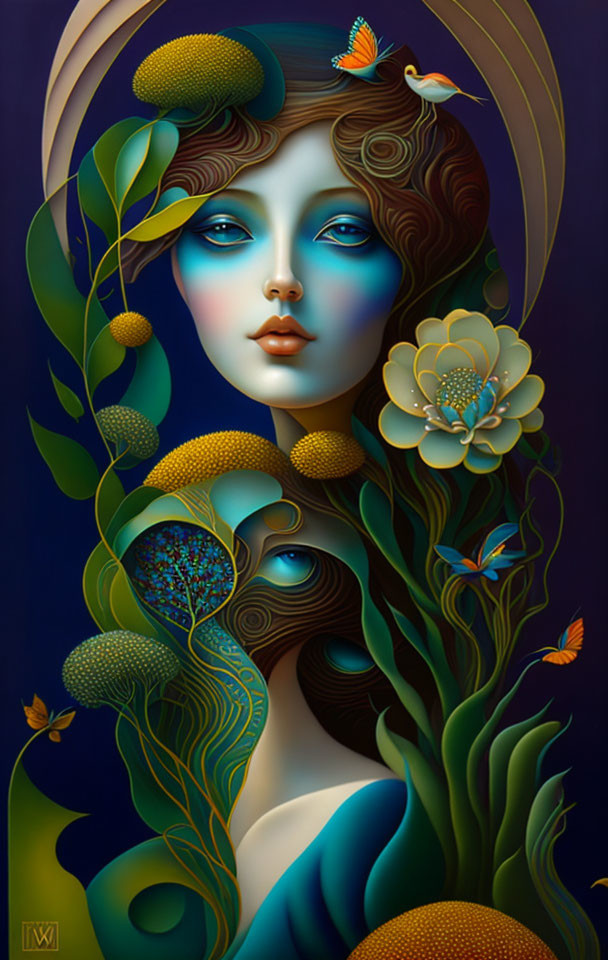 Colorful surrealist portrait with foliage and birds on dark background