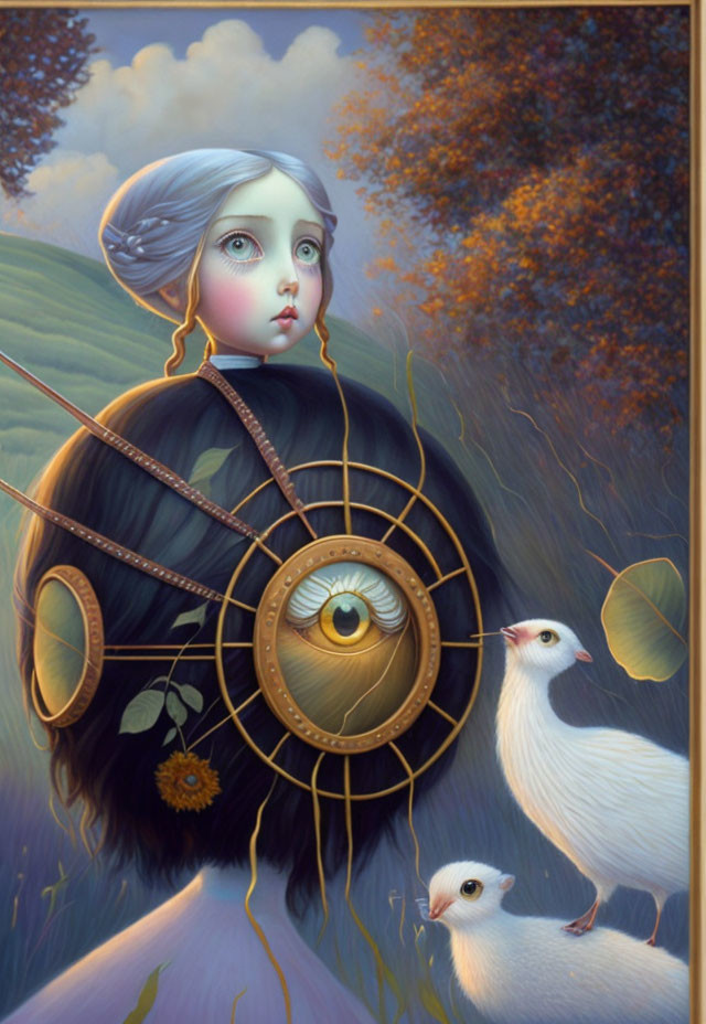 Surreal painting featuring girl with expressive eyes and landscape reflected in her hair