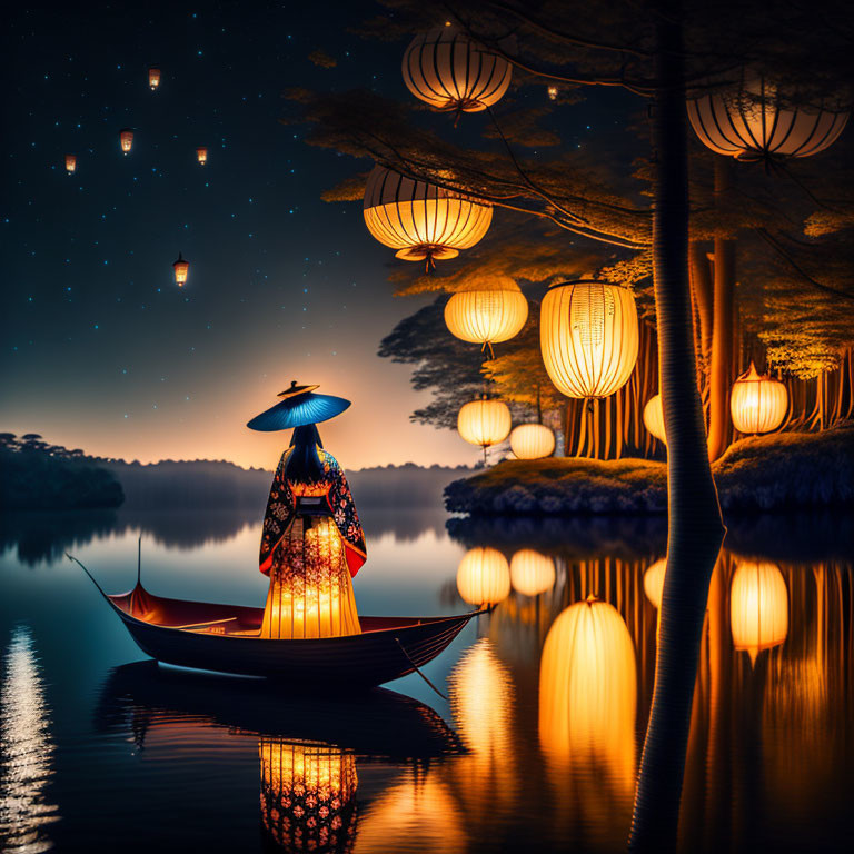 Traditional Attire Figure in Boat Under Glowing Lanterns on Serene Night Lake