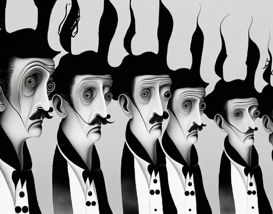 Surreal monochrome illustration of five quirky gentlemen with long noses and flame-like hairstyles