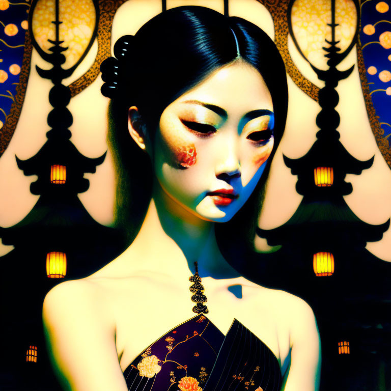 Stylized portrait of woman with East Asian makeup and black bob hairstyle against patterned screens and lantern