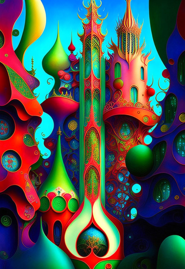 Colorful Psychedelic Artwork with Whimsical Structures and Intricate Patterns