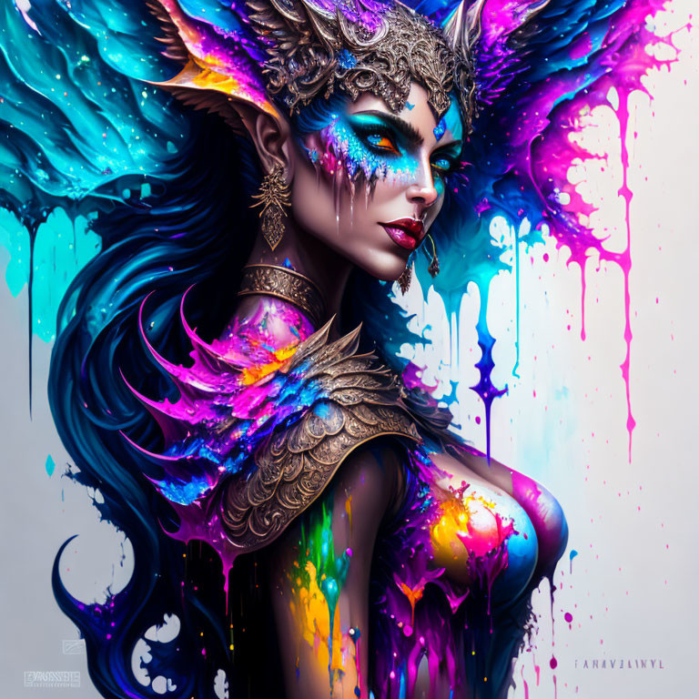 Colorful Fantasy Artwork: Woman with Dripping Paint Effects, Feathered Wings, Striking